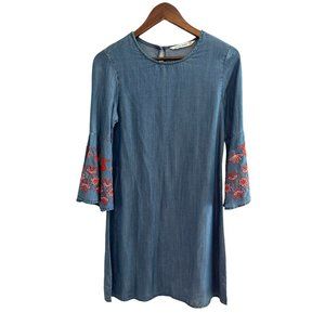 given kale chambray dress with floral‎ embroidered bell sleeves size XS